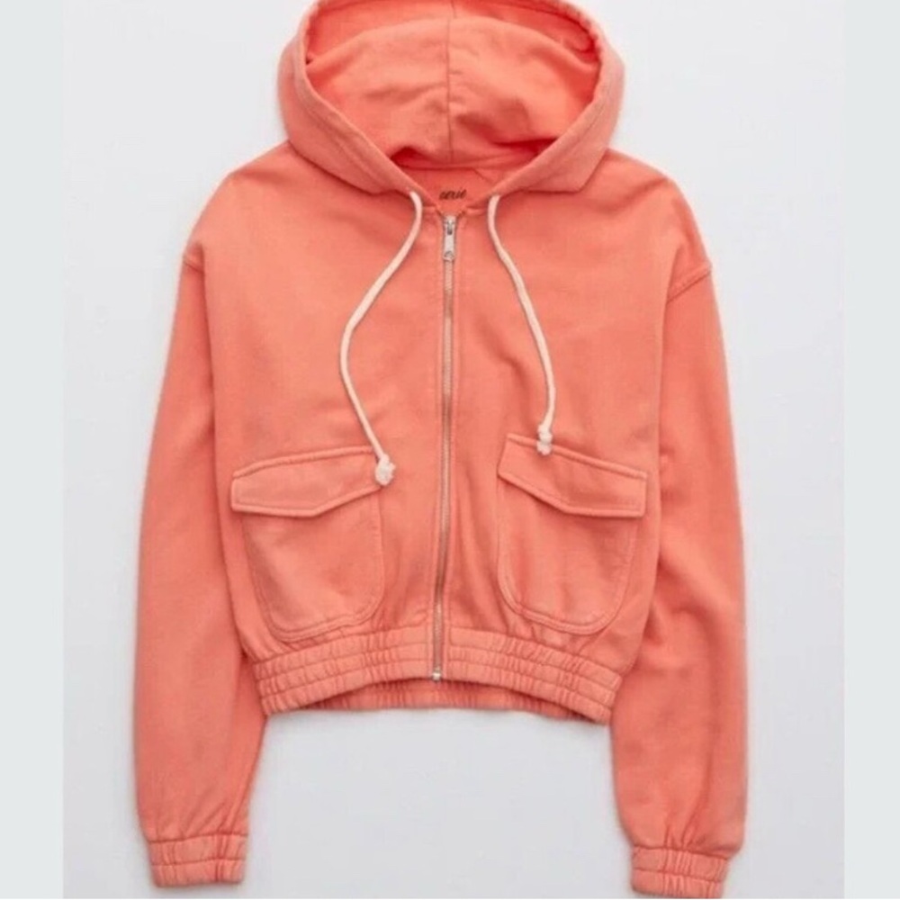 Aerie Sunwashed Coral Zip-Up Hoodie with Pockets
